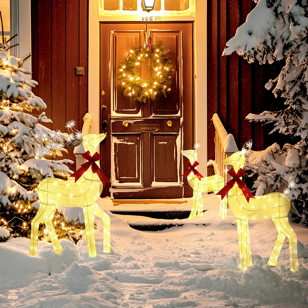 3-TEILIGE Weihnachts-Dekoration, Rentier-Familie mit LED-Beleuchtung, Gelb+Rot - Gelb, Metall (28/129/63cm) - Outsunny