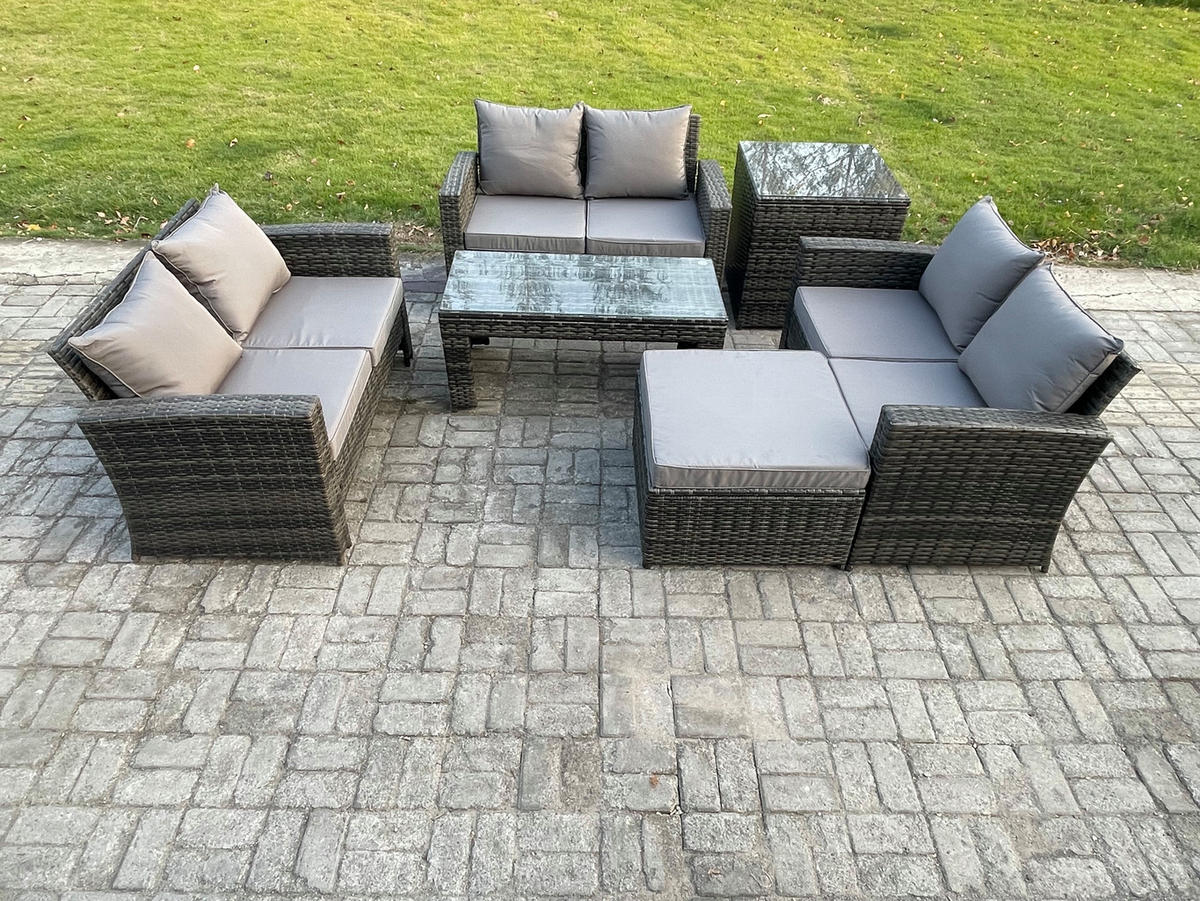GARTENGARNITUR Polyrattan Dunkelgrau 7-Sitzer - Dunkelgrau, Metall - Fimous