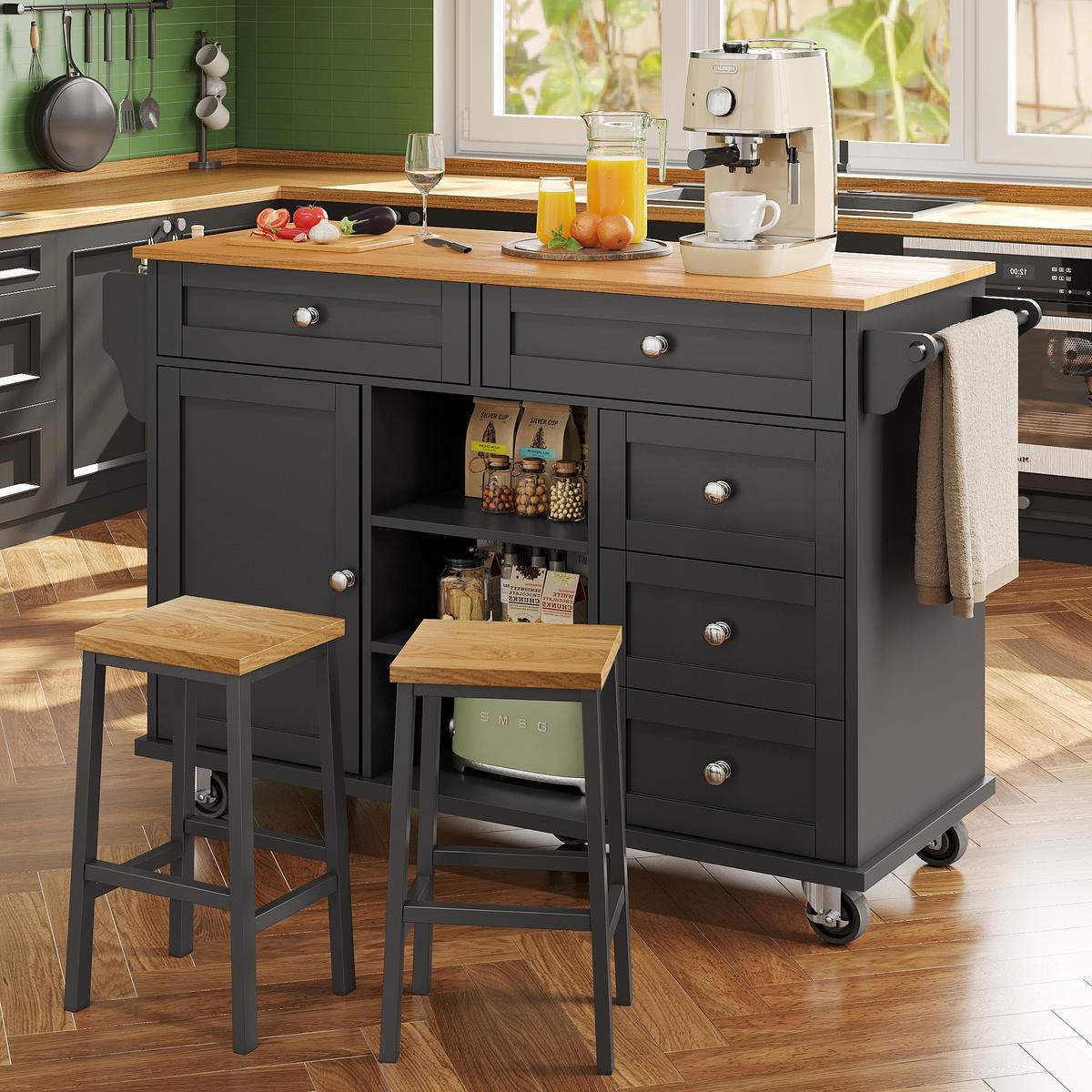 KÜCHENWAGEN Speisewagen 134x46x92cm Schwarz mit 5 Rädern & 3 Schubladen - Schwarz, Holzwerkstoff (134/92/46cm) - Modfu