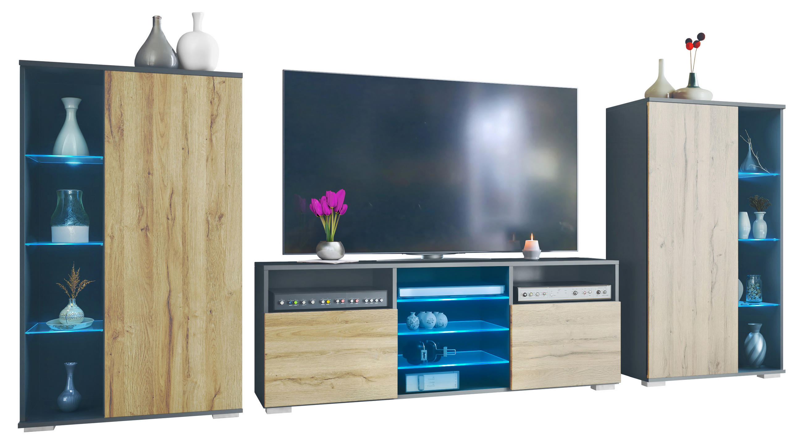 WOHNWAND Davos Eiche Natur - Eichefarben, Holzwerkstoff (329/134/35cm) - Vladon