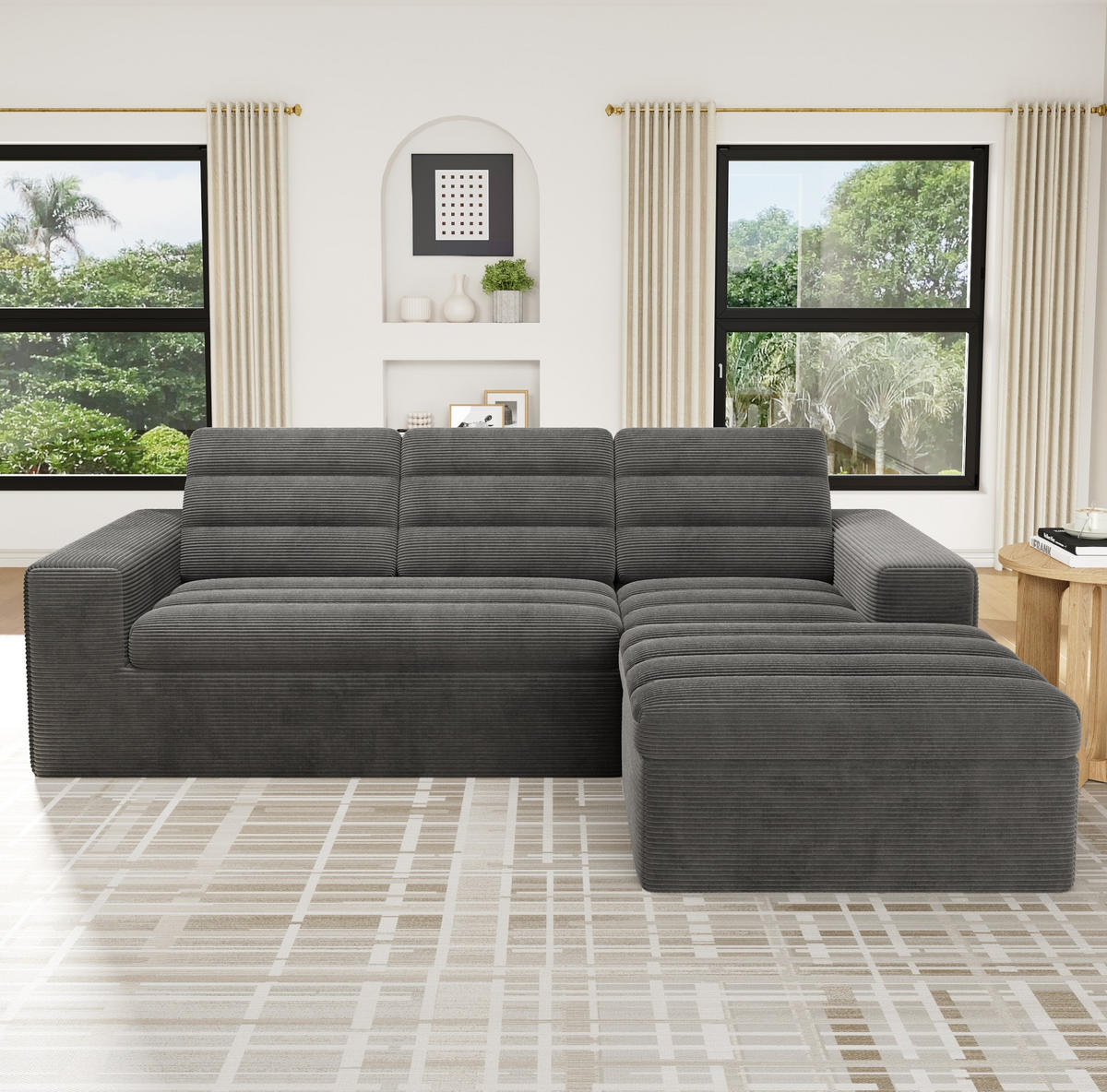 SOFA modular 253x161 cm Cord Dark Grey mit Hocker - Dunkelgrau, Kunststoff (161/253cm) - Meubliv