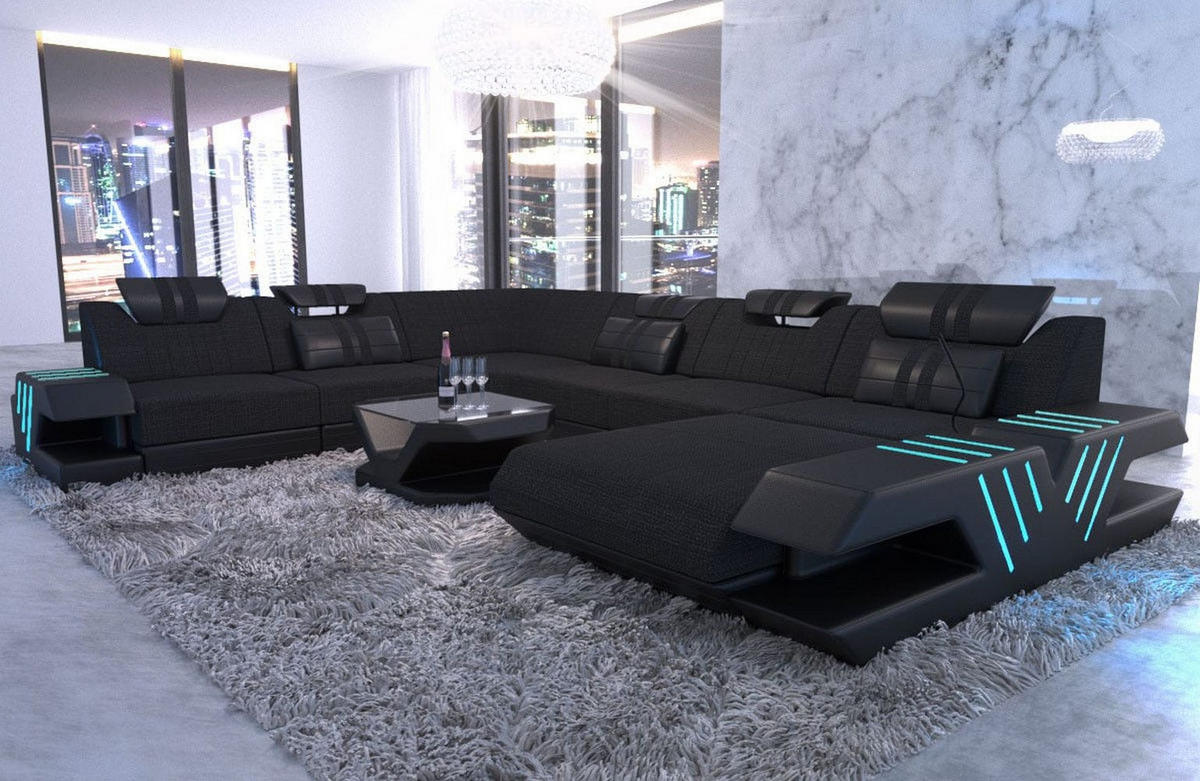 WOHNLANDSCHAFT Venedig Schwarz Strukturstoff - Schwarz, Kunststoff (373/80/288cm)