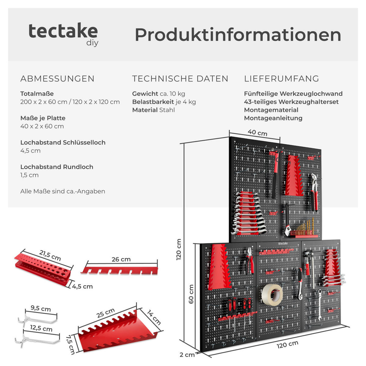 WERKZEUGLOCHWAND Jonah,Belastbarkeit 4 kg pro Platte,schwarz/rot - Rot/Schwarz, Metall (200/60/2cm) - tectake