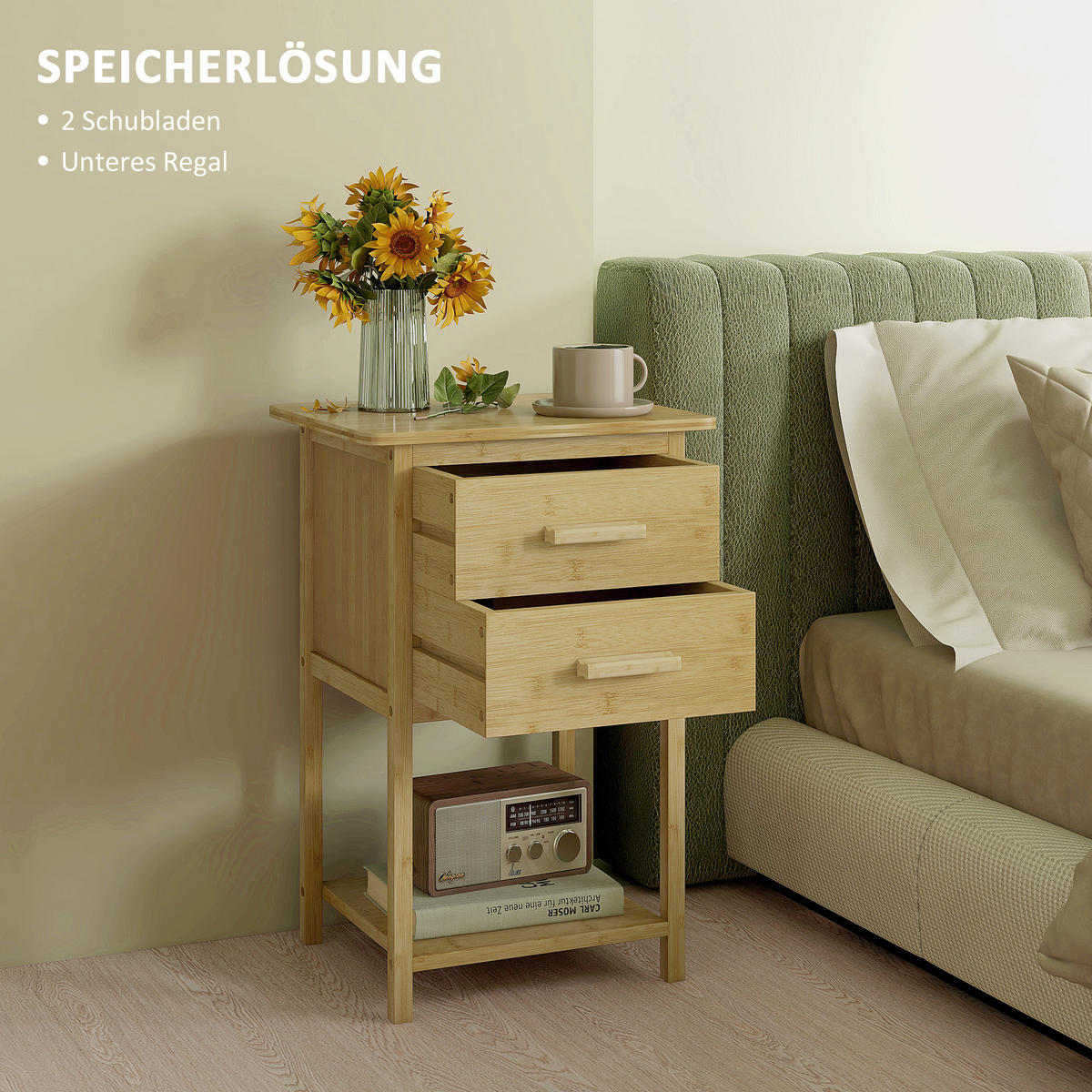 NACHTTISCH mit Schublade, Ablage, mit Griff, für Schlafzimmer, Natur - Naturfarben, Holz (34/60/40cm) - HOMCOM