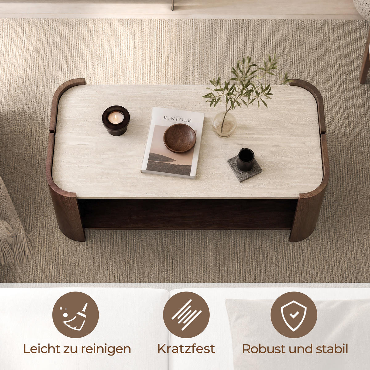 COUCHTISCH Holz Walnuss mit Travertin-Optik, 104 × 54 × 43 cm - Walnussfarben, Holzwerkstoff (54/104/43cm) - Hometopia