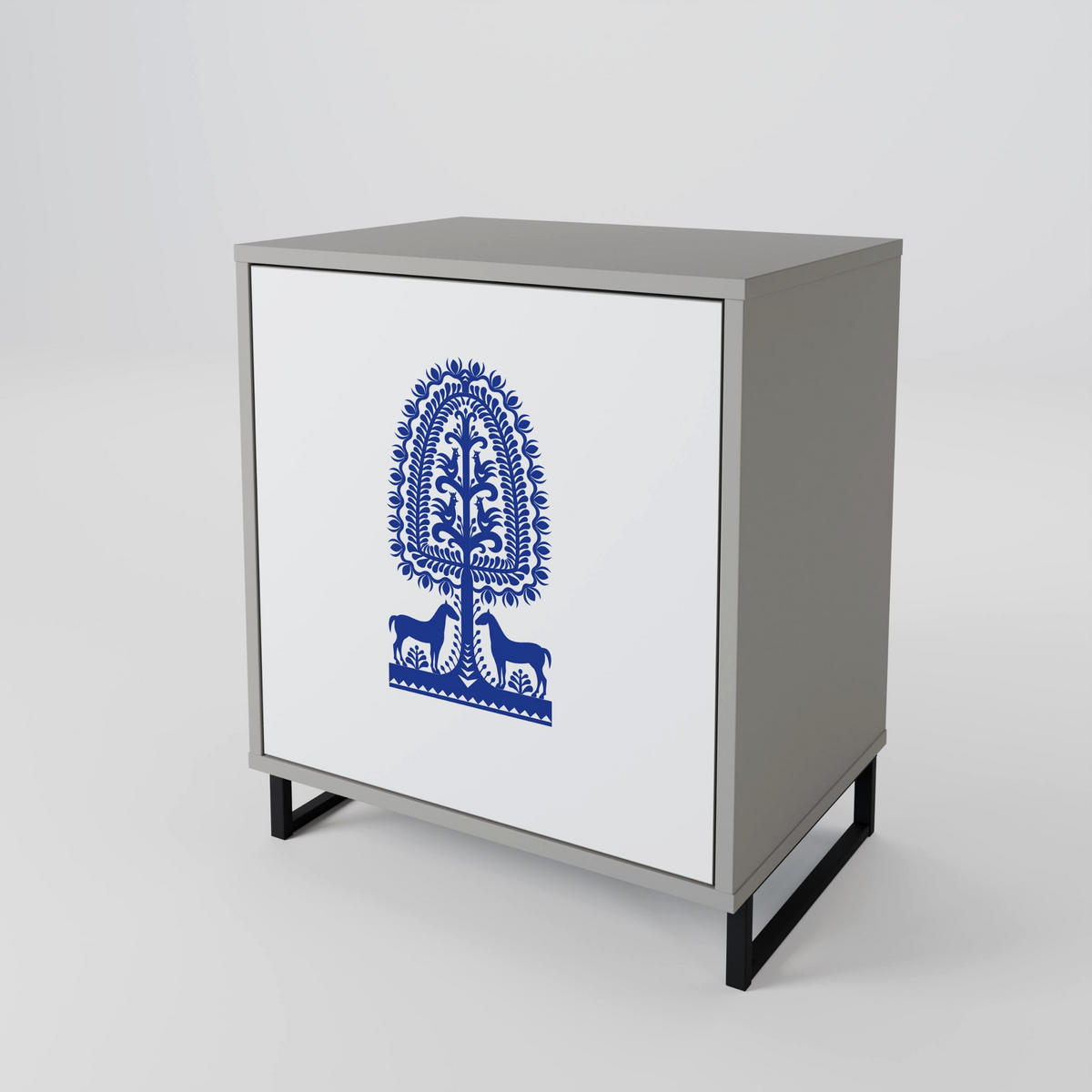SIDEBOARD POLISH FOLK ART, Grau, 57,5x42x72,5 cm, Schwarze Metallfüße - Multicolor/Schwarz, Holzwerkstoff/Metall (57.5/72.5/42cm) - SpaceRebels