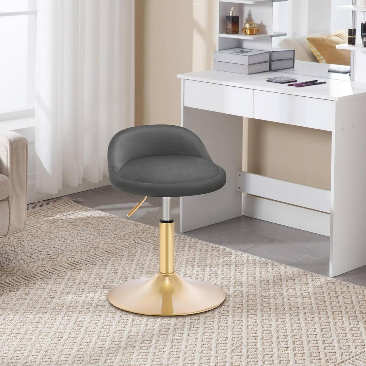 BARHOCKER 2er Set Drehhocker, Samt, Dunkelgrau+Gold - Dunkelgrau/Goldfarben, Kunststoff/Textil (38.5/49.5/43cm) - Woltu