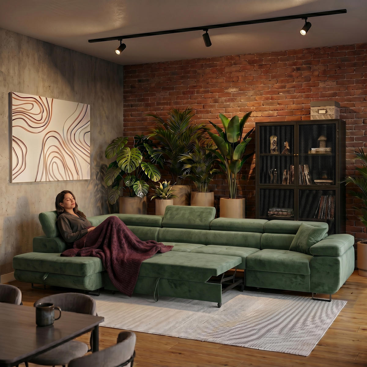 ECKSOFA WILD MAXI L Links mit Schlaffunktion 125x195 Velours Dunkelgrün - Chromfarben/Dunkelgrün, Holz/Textil (203/350cm) - Muffo