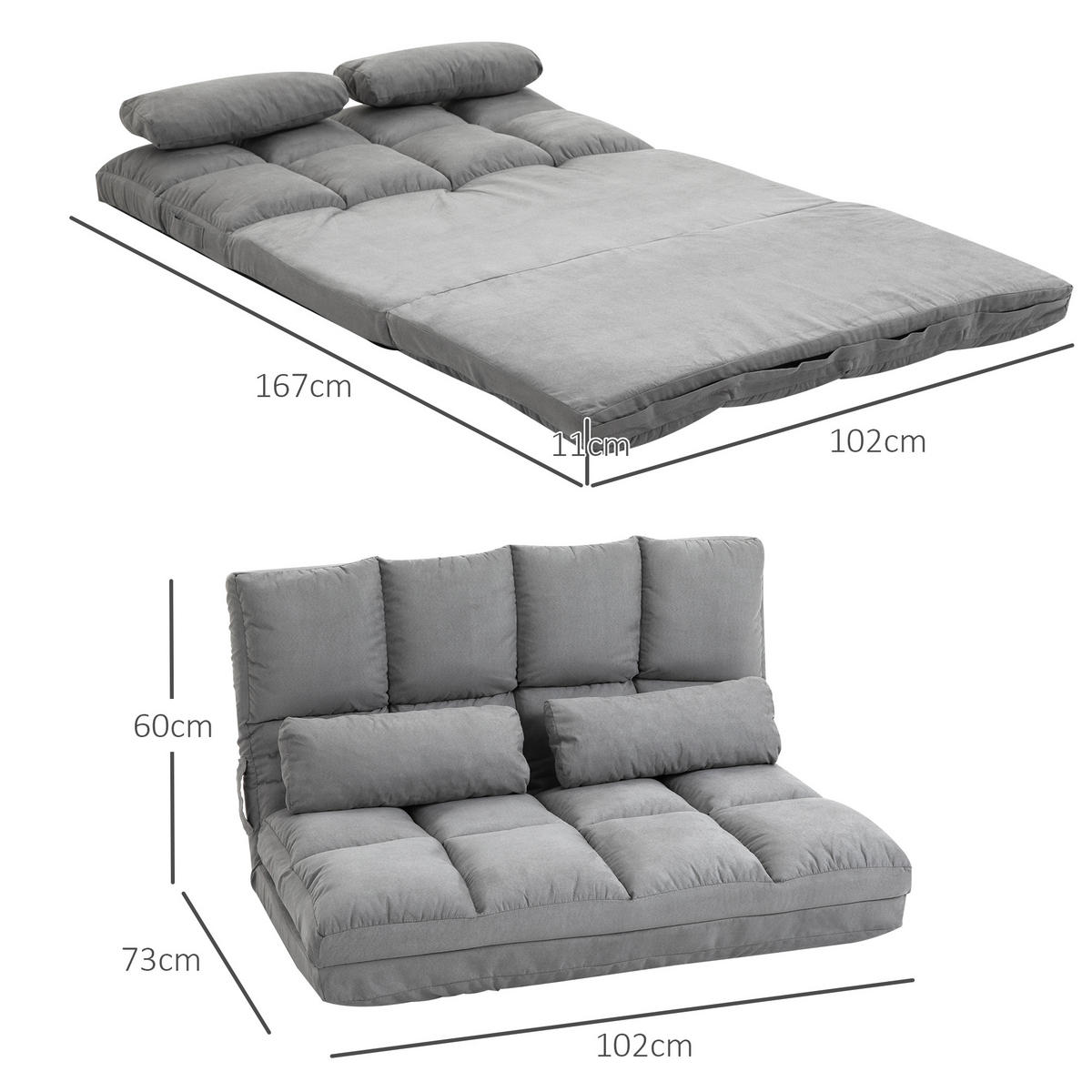 BODENSTUHL 2-in-1 Bodensessel Bett mit Rückenlehne 3 Positionen Verstellbar - Grau, Textil/Metall (73/60/102cm) - HOMCOM