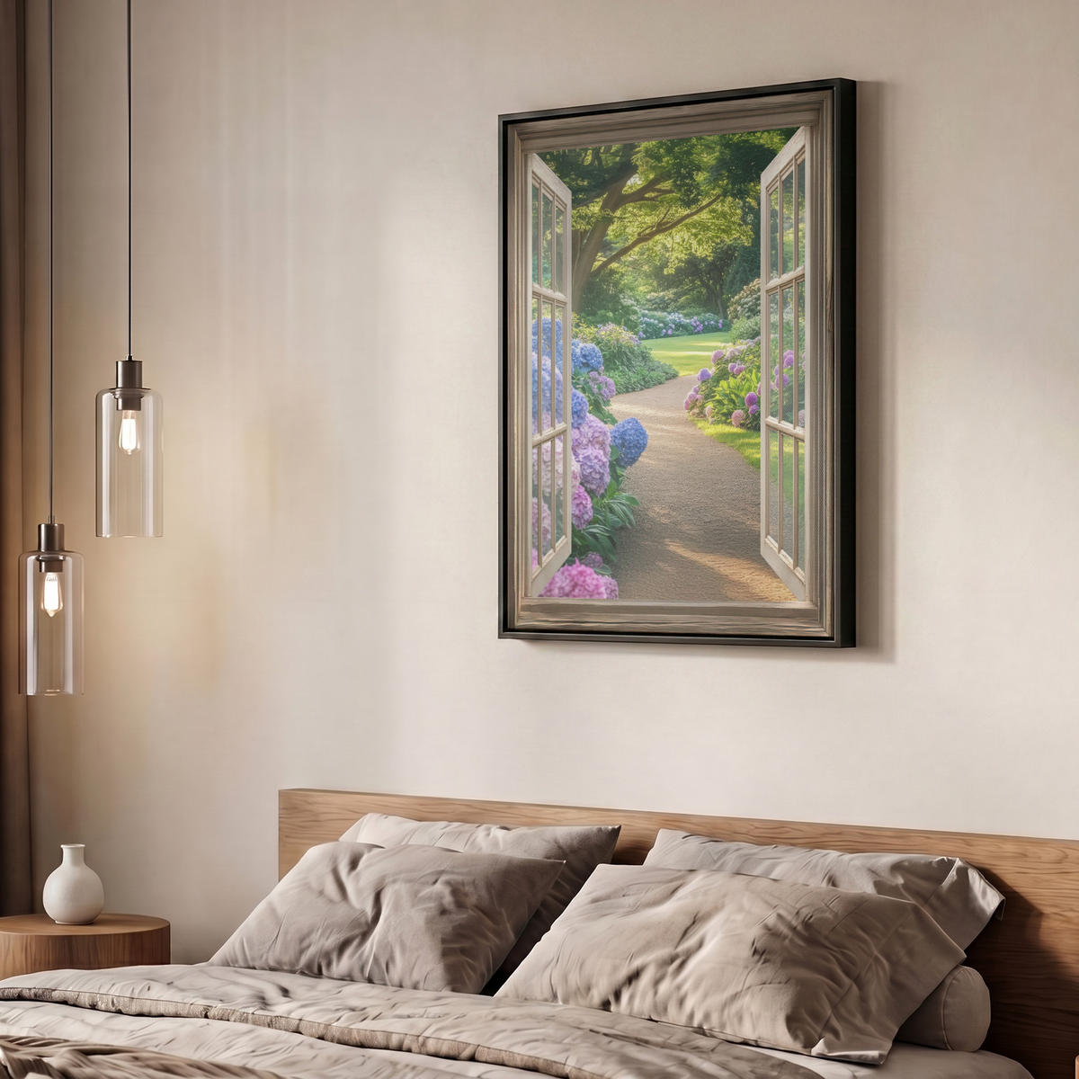 LEINWAND Bilder mit Rahmen - Aussicht - Garten - Fenster - Hortensie - Blumen - 50x70 - Pastellblau, Textil (50/70cm) - MuchoWow