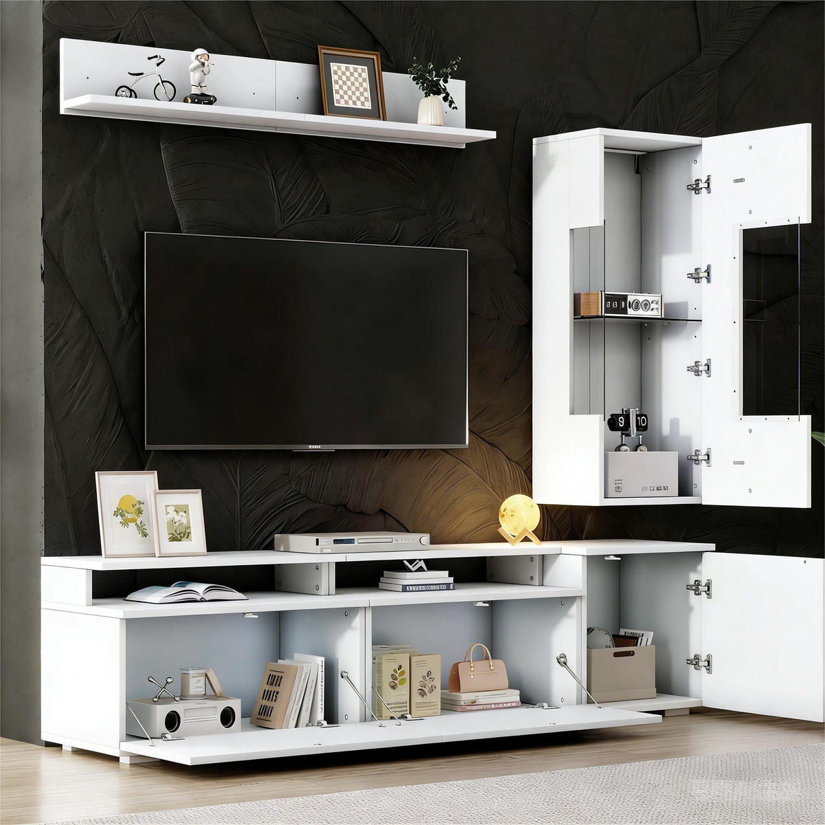 WOHNWAND Modulares Wohnwand Set mit TV-Schrank, Vitrine, Wandregal & LED Beleuchtung Weiß 1 Set MDF/Glas - Weiß, Glas/Holzwerkstoff (180/45/40cm) - EVRYAE