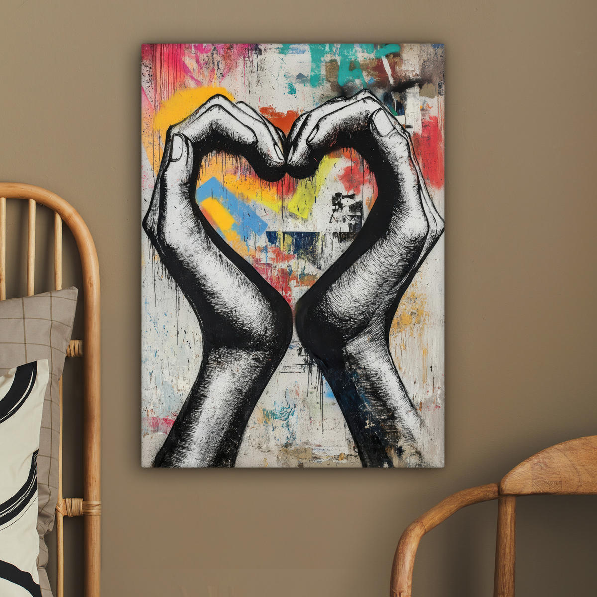 OBRAZ NA PLÁTNE Ruky - Srdce - Street art - Graffiti 60x80 cm - viacfarebná, textil (60/80cm) - MuchoWow