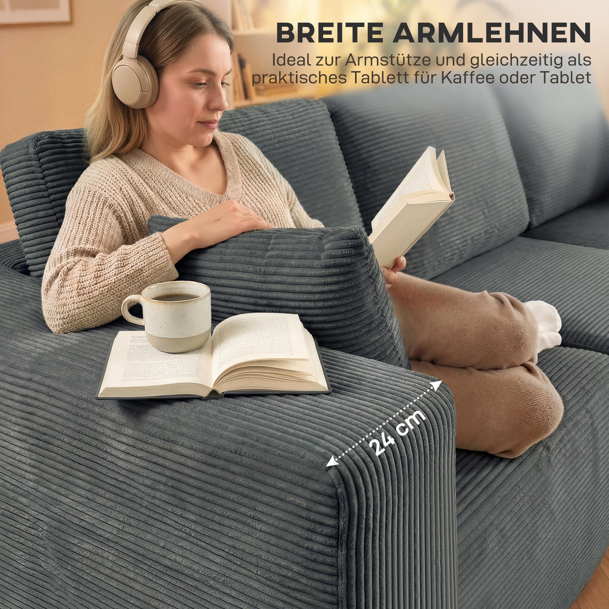 MODULARES ECKSOFA DE-06601 L-förmiges Sofa-Bett, tiefer Sitz, breite Armlehnen Dunkelgrau - Dunkelgrau, Holz/Textil (168/267cm) - ComfortXL