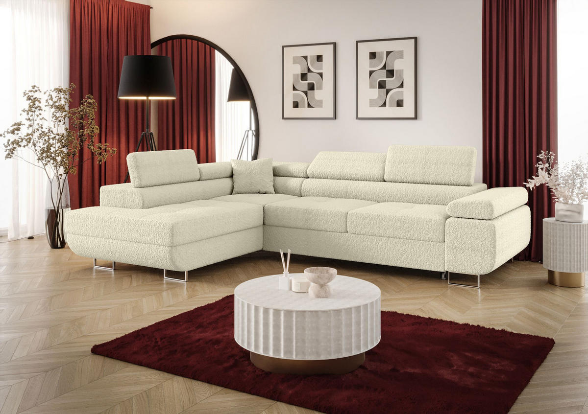 ECKSOFA EMILY mit Schlaffunktion Quelle 02 Links - Ecru, Textil (275/200cm) - Bedante