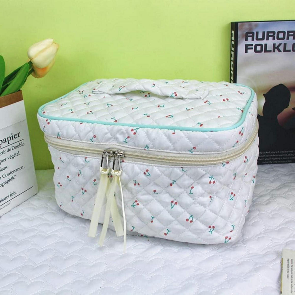 KULTURTASCHE Damen Weiß Kirsche gesteppt Baumwolle Flip-Cover - Multicolor, Textil (16/16/27cm)
