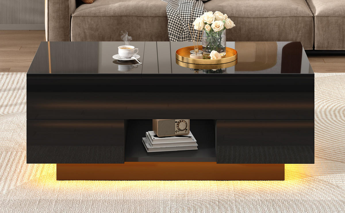 COUCHTISCH 100/45/43 cm Schwarz aus Holzwerkstoff mit höhenverstellbarer Tischplatte LED und 2 Schubladen - Schwarz, Holzwerkstoff (100/45/43cm) - OKWISH