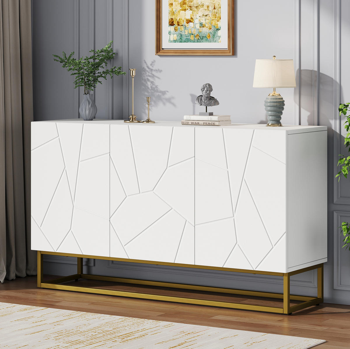 ANRICHTE Sideboard 130/38/76 cm aus Spanplatte mit Hochglanzfront und geriffeltem Design Weiß/Gold - Weiß, Holzwerkstoff (130/76/35cm) - Modenvie