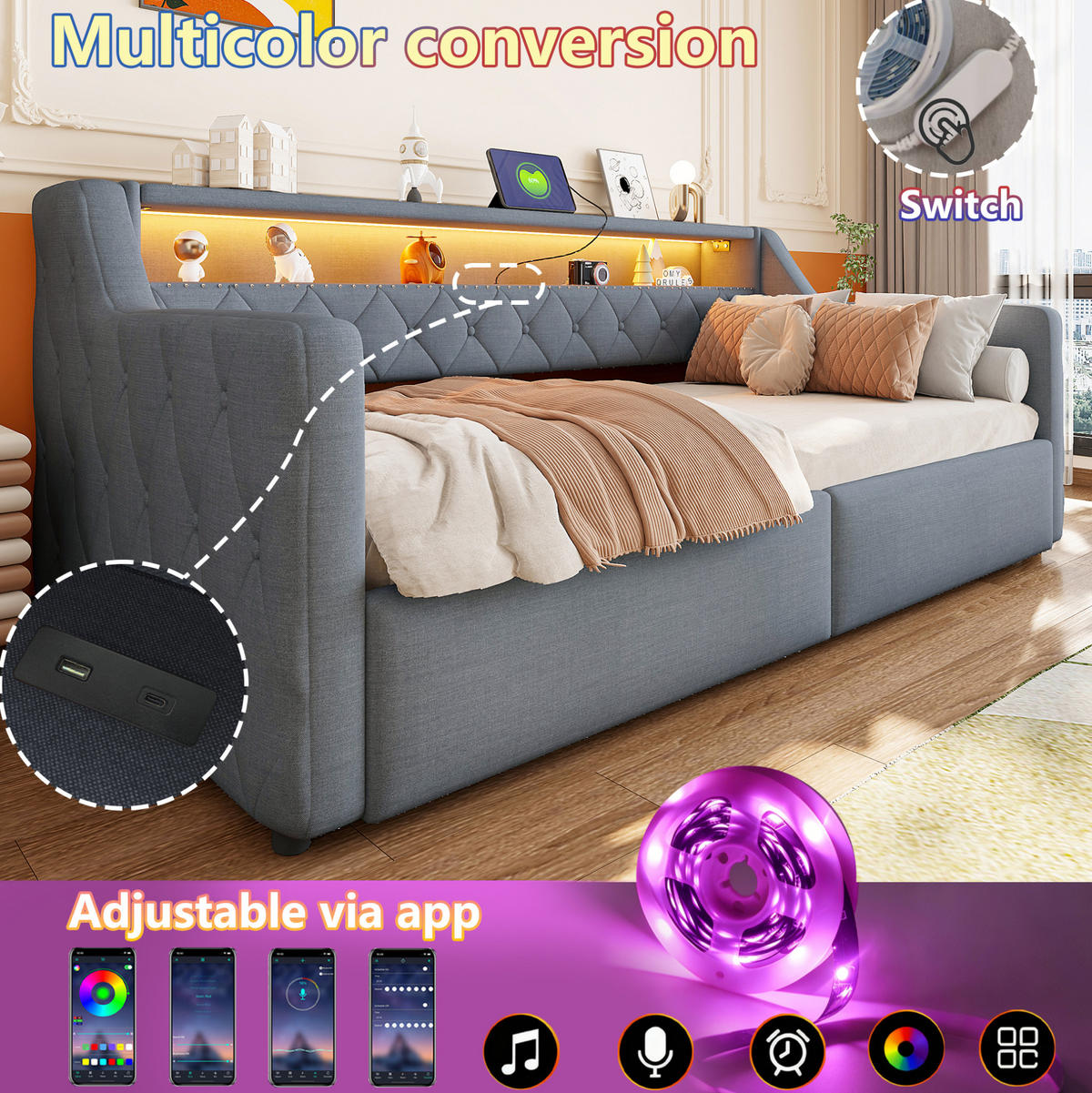BETT 90/200 cm in Grau mit LED-Beleuchtung und Stauraum - Grau, Holzwerkstoff (90/200cm) - Flora Grace