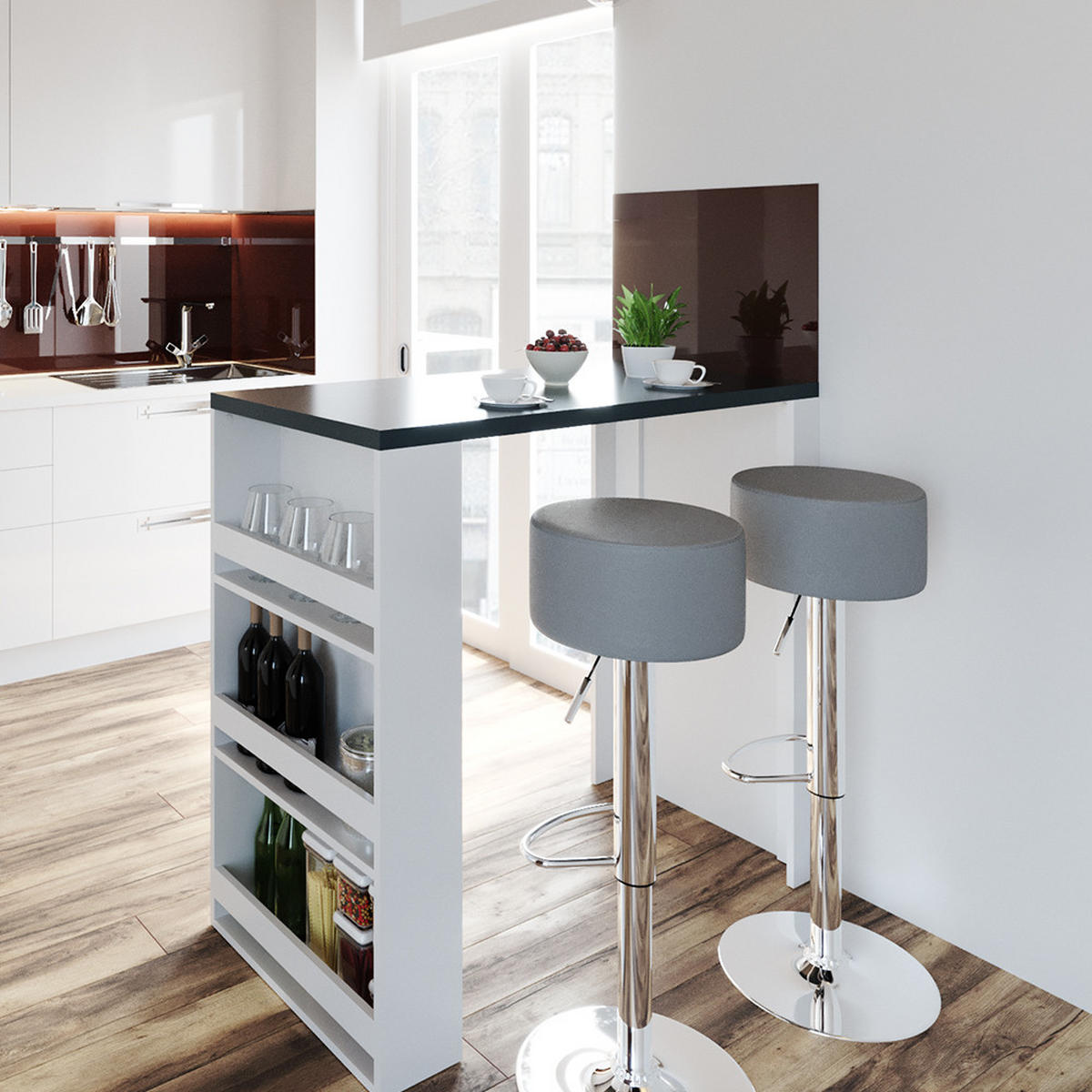 BARTISCH-SET Weiß/Grau 57 x 117 cm mit 2 Barhockern - Weiß/Grau, Holzwerkstoff (57/106/117cm) - Vicco
