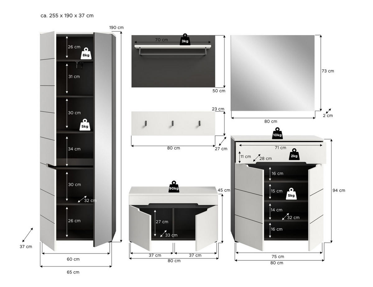 GARDEROBEN-SET CANU 5-tlg. (B/H/T: ca. 255/190/37 cm) in Basalt grau/weiß - Grau, Holzwerkstoff (255/190/37cm)