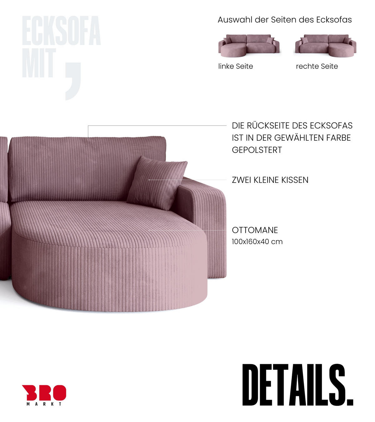 ECKSOFA Bisk mit Schlaffunktion Puderrosa Cordstoff - Pink, Textil (275/170cm) - Bromarkt