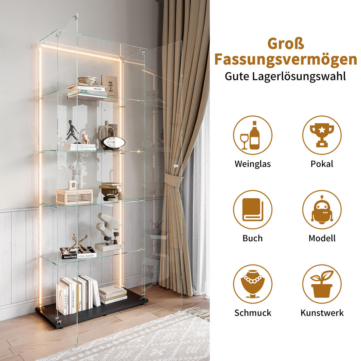 VITRINE 2 Türen, 5 Einlegeböden, LED Band, Glas, modern, mobil, Stauraum optimal - Schwarz, Glas (78.51/186.5/34.5cm) - EuroLiving