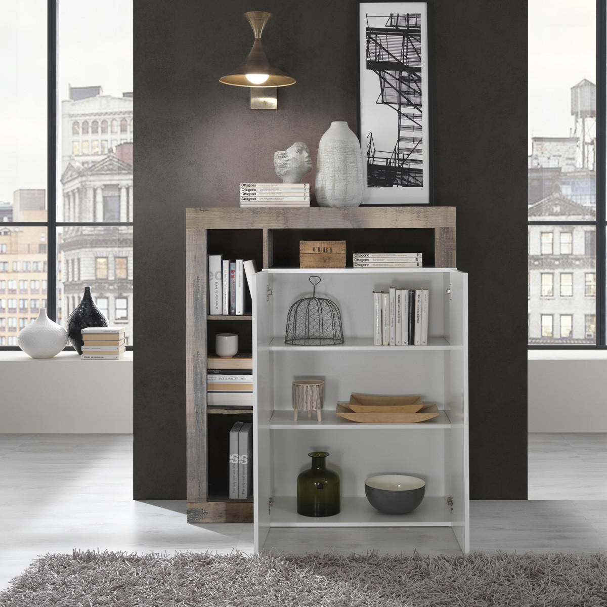 HIGHBOARD mit 2 Türen Frankfurt - L108 cm - Eichefarben/Weiß, Holzwerkstoff (108/127/42cm) - Calicosy