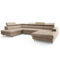 WOHNLANDSCHAFT CORENO Beige Boucle-Stoff mit Schlaffunktion - Beige, Holz (345/88/190cm) - MASSENO