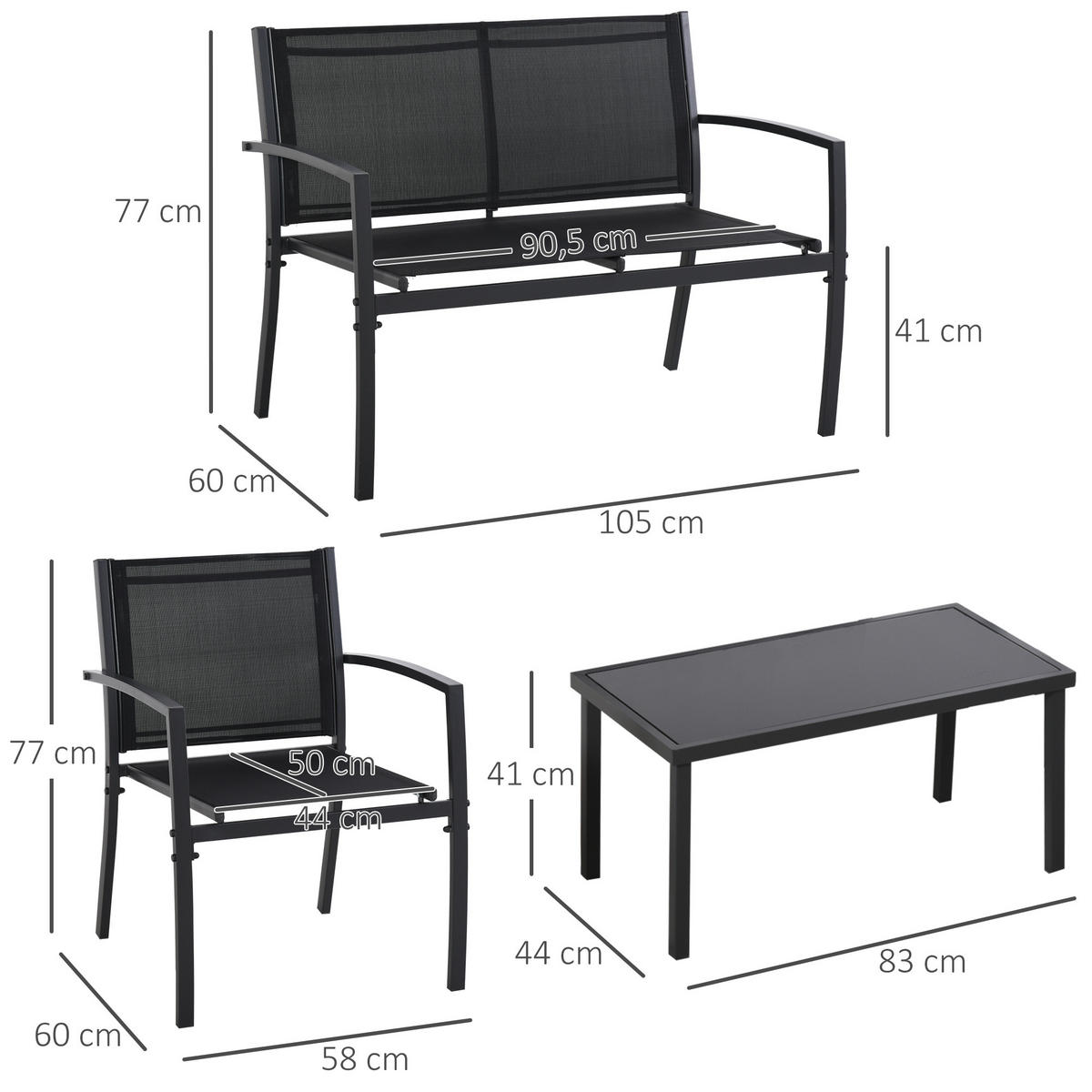 GARTENSET DE-13513 4-teilig mit Glastisch Schwarz - Schwarz, Metall - ComfortXL