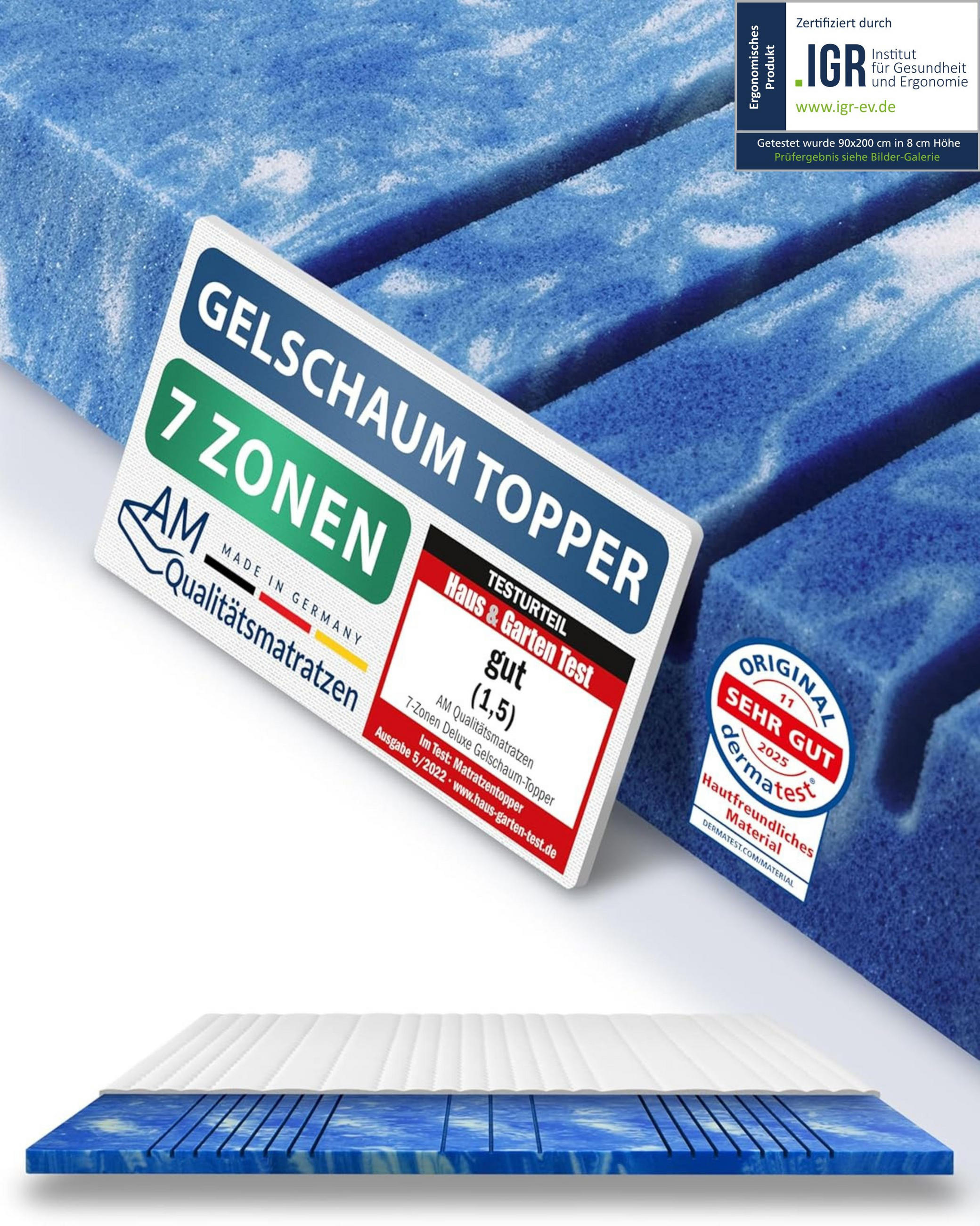 GELSCHAUM TOPPER 7-Zonen 160/210 cm - 8cm Höhe & Tencel Bezug - Weiß, Textil (160/210cm) - AM Qualitätsmatratzen