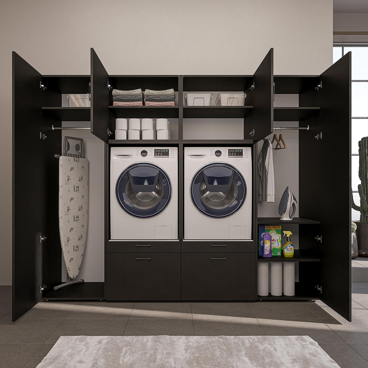 WASCHMASCHINENSCHRANK Serie 2 254cm Breit, 205cm Hoch - Schwarz, Holzwerkstoff (254/205/67cm)