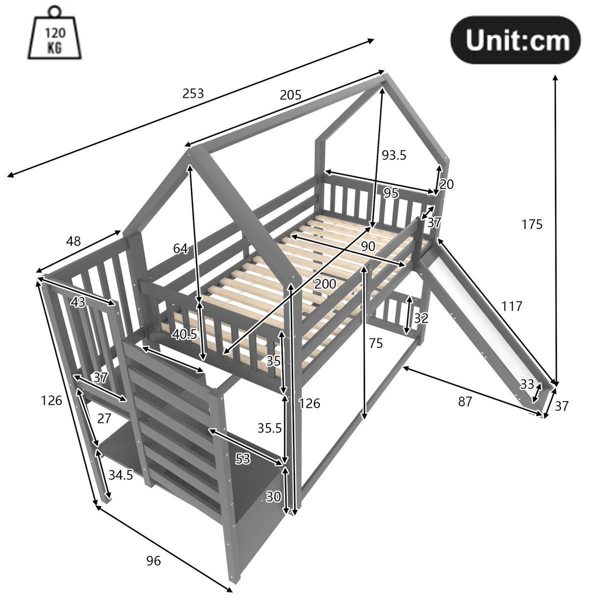 ETAGENBETT mit Stauraumtreppe und Rutsche 90x200 cm Kiefernholz Grau - Grau, Holzwerkstoff (90/200cm) - Beauniv