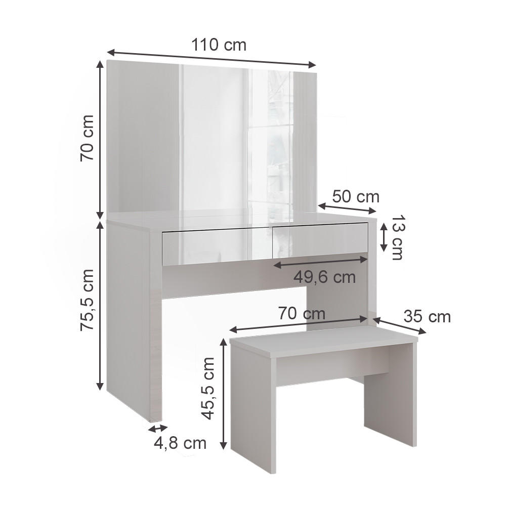 SCHMINKTISCH Annabelle Weiß Hochglanz/Weiß 110 cm mit Spiegel und Bank - Weiß Hochglanz/Weiß, Holzwerkstoff (110/75.5/50cm) - Vicco
