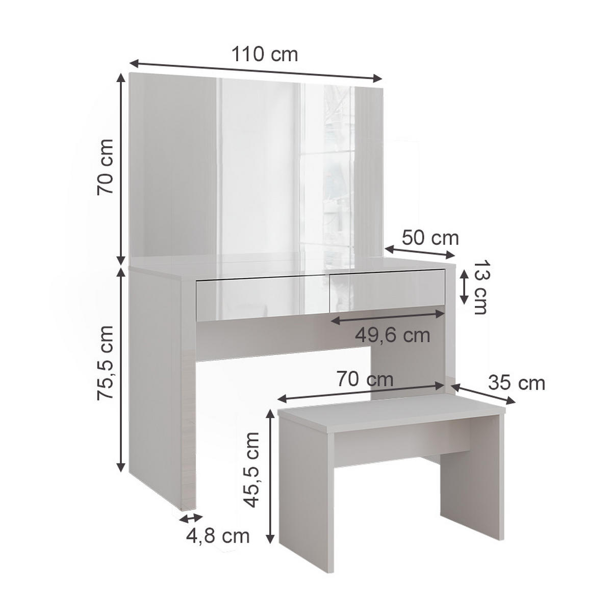 SCHMINKTISCH Annabelle Weiß Hochglanz/Weiß 110 cm mit Spiegel und Bank - Weiß Hochglanz/Weiß, Holzwerkstoff (110/75.5/50cm) - Vicco