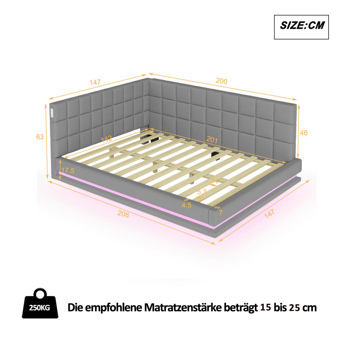POLSTERBETT 140/200 cm grau aus Leinen mit LED und USB - Grau, Textil (140/200cm) - OKWISH