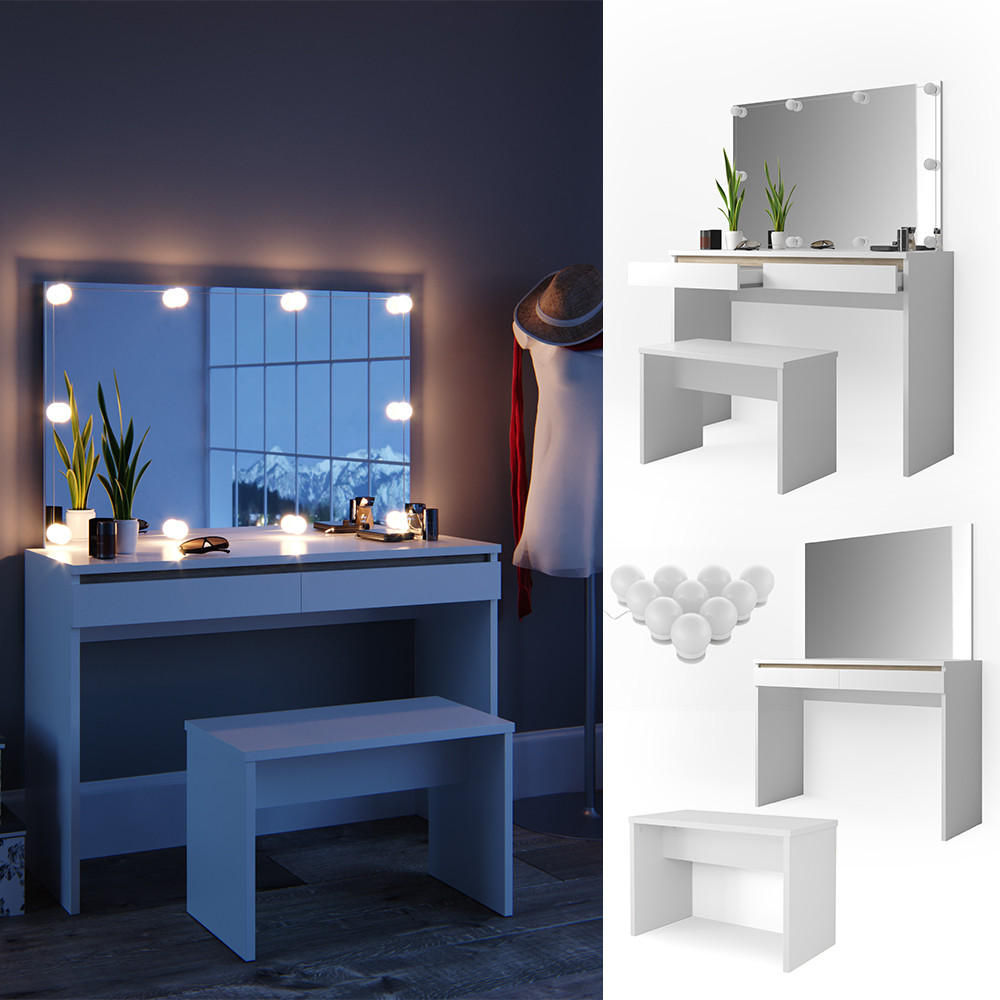 SCHMINKTISCH Emma Weiß 120 cm mit LED Beleuchtung und Bank - Weiß, Holzwerkstoff (120/83/41.8cm) - Vicco