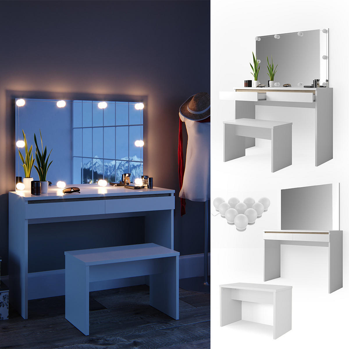 SCHMINKTISCH Emma Weiß 120 cm mit LED Beleuchtung und Bank - Weiß, Holzwerkstoff (120/83/41.8cm) - Vicco