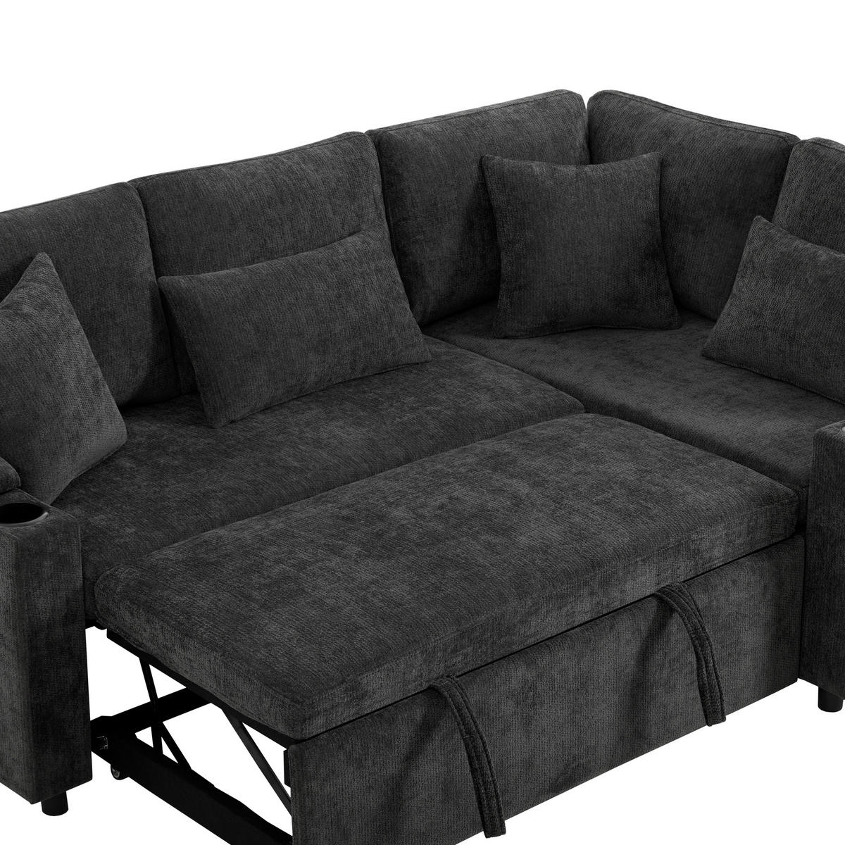 ECKSCHLAFSOFA Chenille Dunkelgrau mit Stauraum, USB, Getränkehalter und mit Kissen - Dunkelgrau, Holzwerkstoff/Kunststoff (206.5/141cm) - WISHDOR