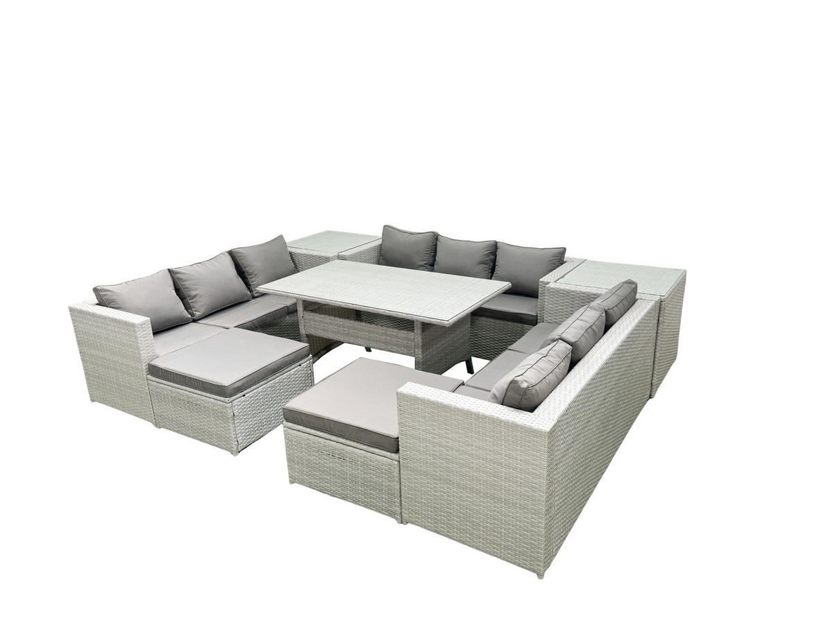 GARTENSET mit Esstisch,Sofa,2 Beistelltischen,2 Großer Fußhocker Polyrattan Hellgrau 11-Sitzer - Hellgrau/Grau, Glas/Kunststoff - Fimous