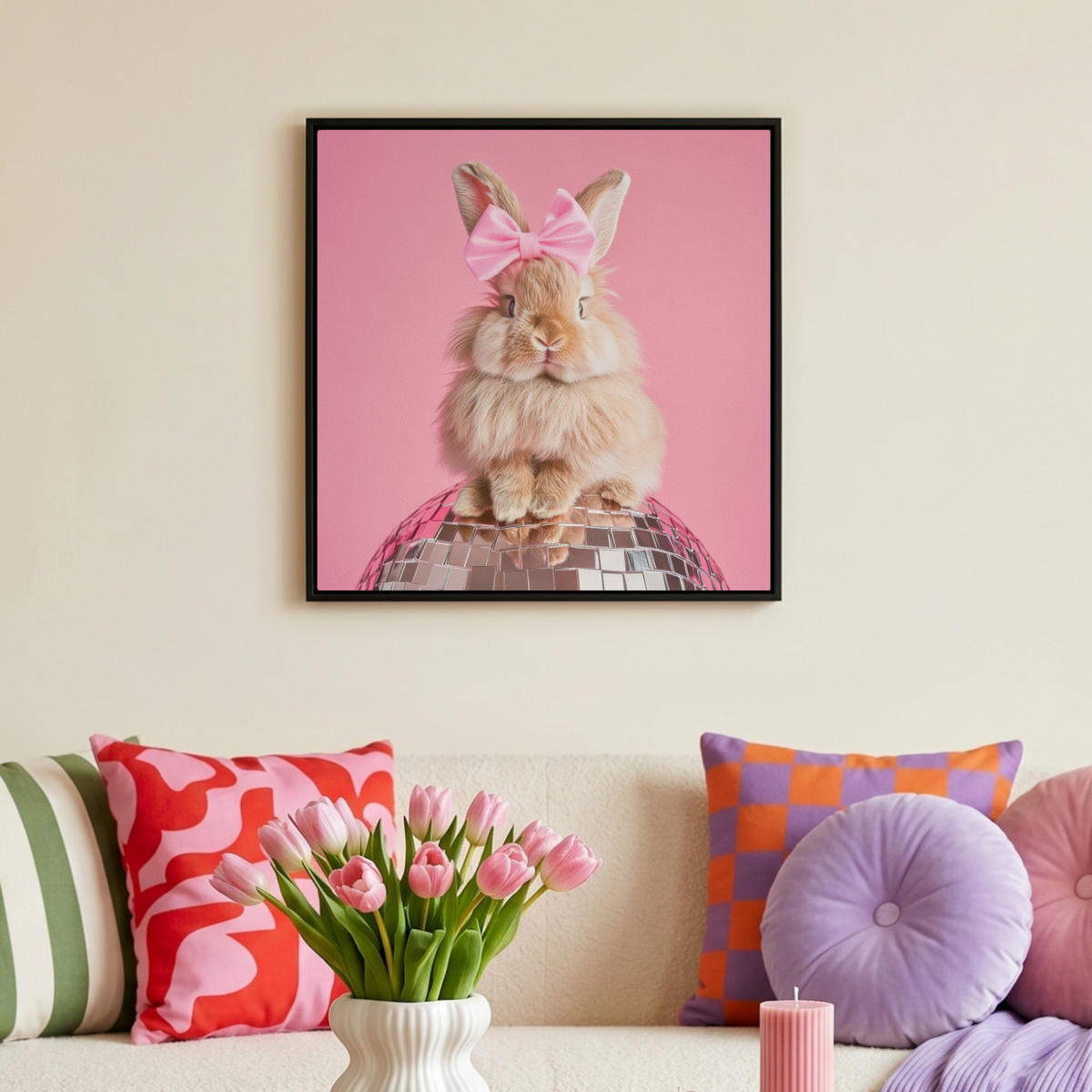 LEINWAND Bilder mit Rahmen - Schleife - Discoball - Kaninchen - 50x50 - Pink, Textil (50/50cm) - MuchoWow