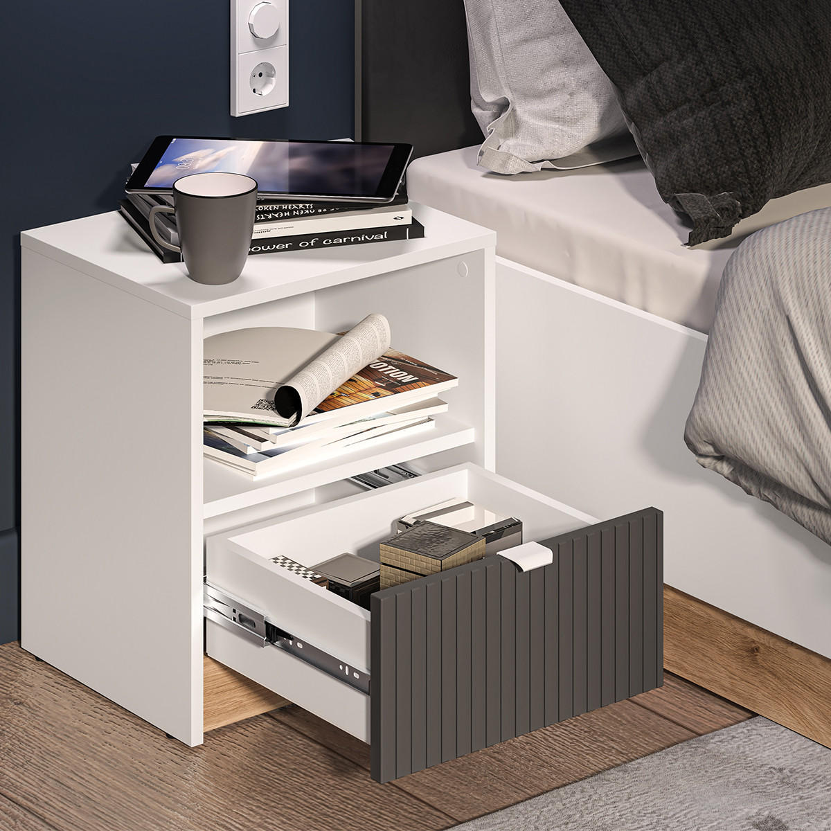 NOČNÍ STOLEK Ronan Bílá - bílá, kompozitní dřevo (43/48/34cm) - Petits-meubles