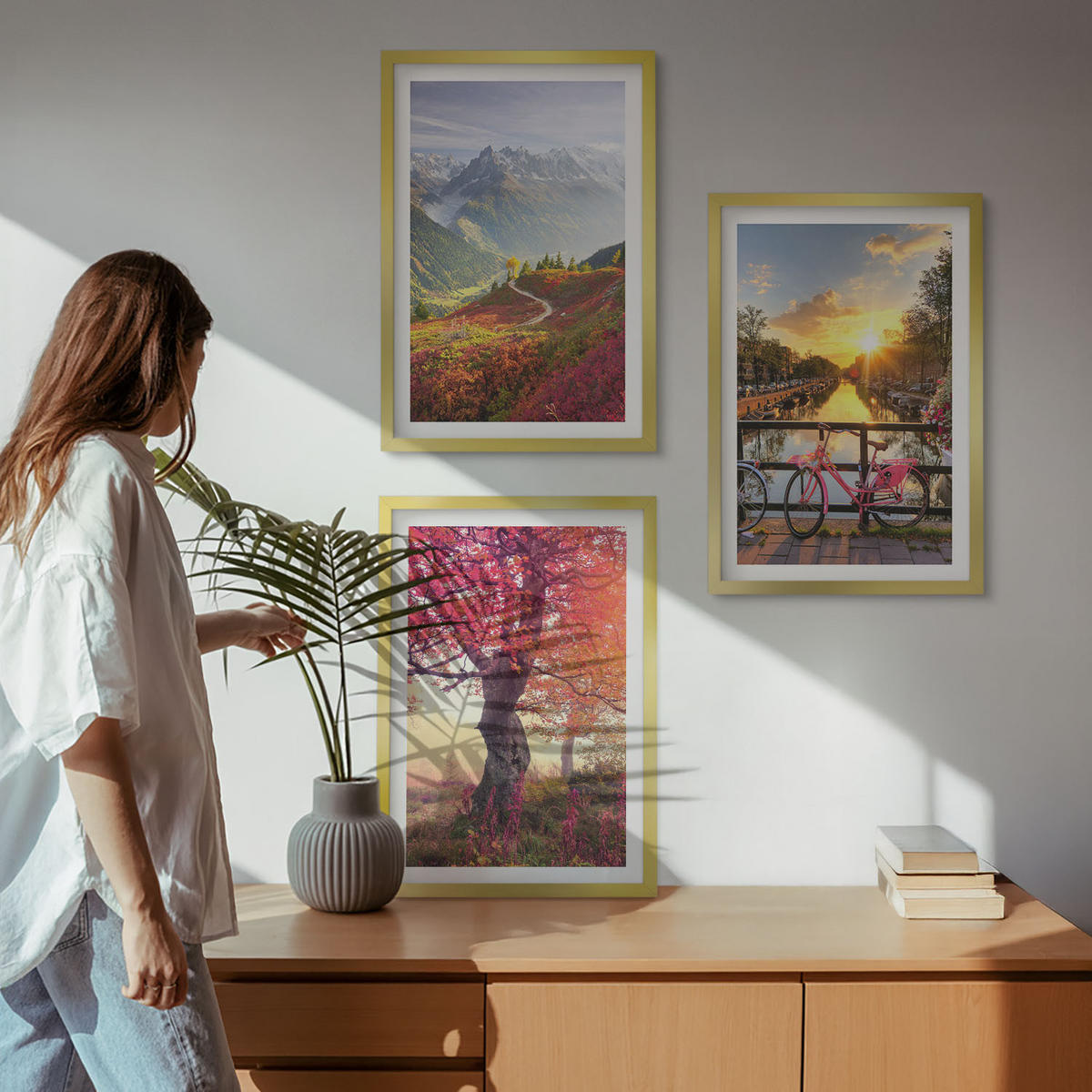 BILDER SET 3er Set - 40x60 cm Goldrahmen - Berglandschaften mit dem Fahrrad - Goldfarben, Kunststoff (40/60cm) - TULUP