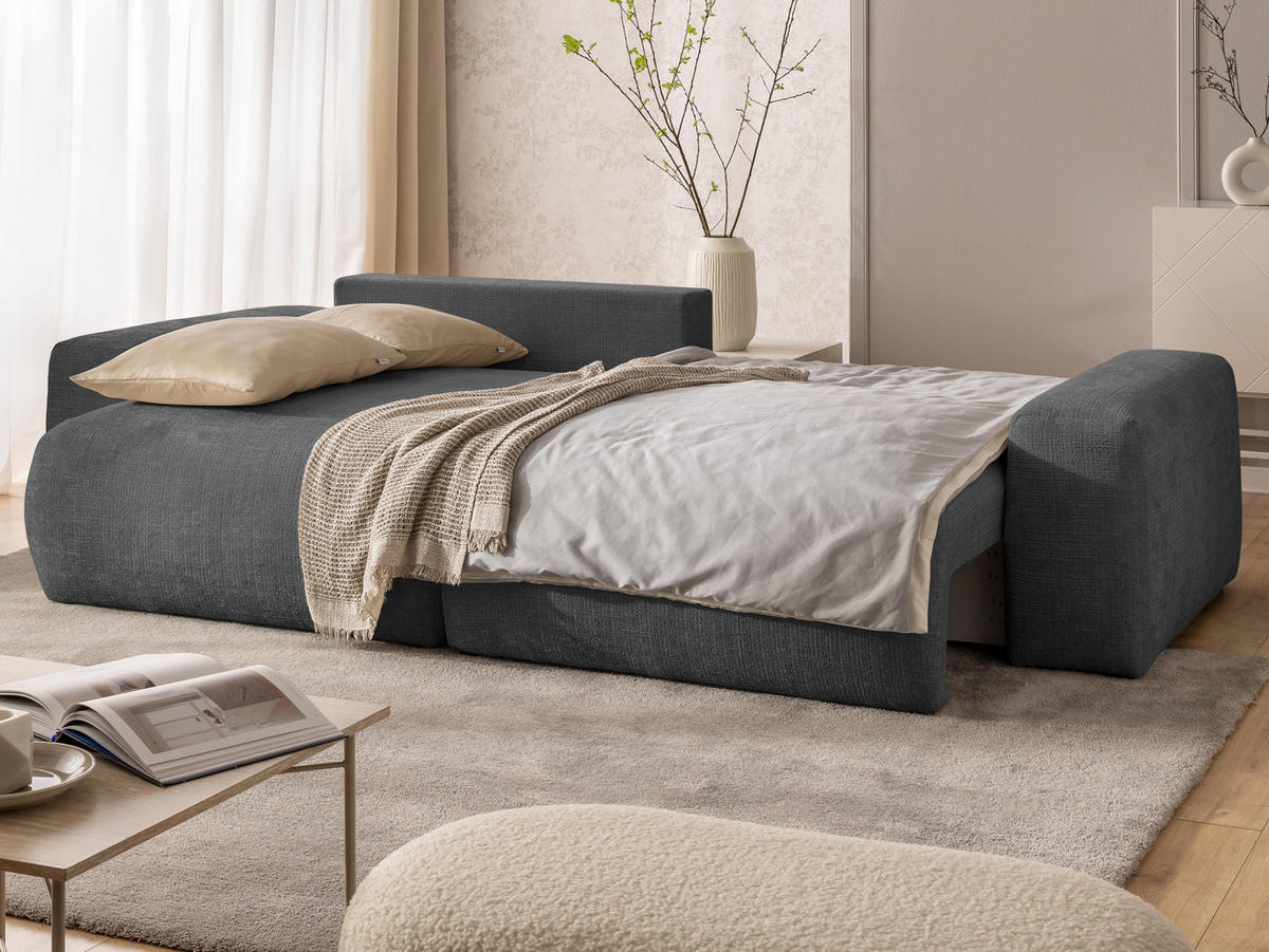 ECKSOFA Puffy mit Schlaffunktion und Bettkasten - besonders weich und puffig aus Grau Chenille-Stoff - Ottomane links - Schwarz/Grau, Holz/Kunststoff (138/266cm) - S-Style Möbel