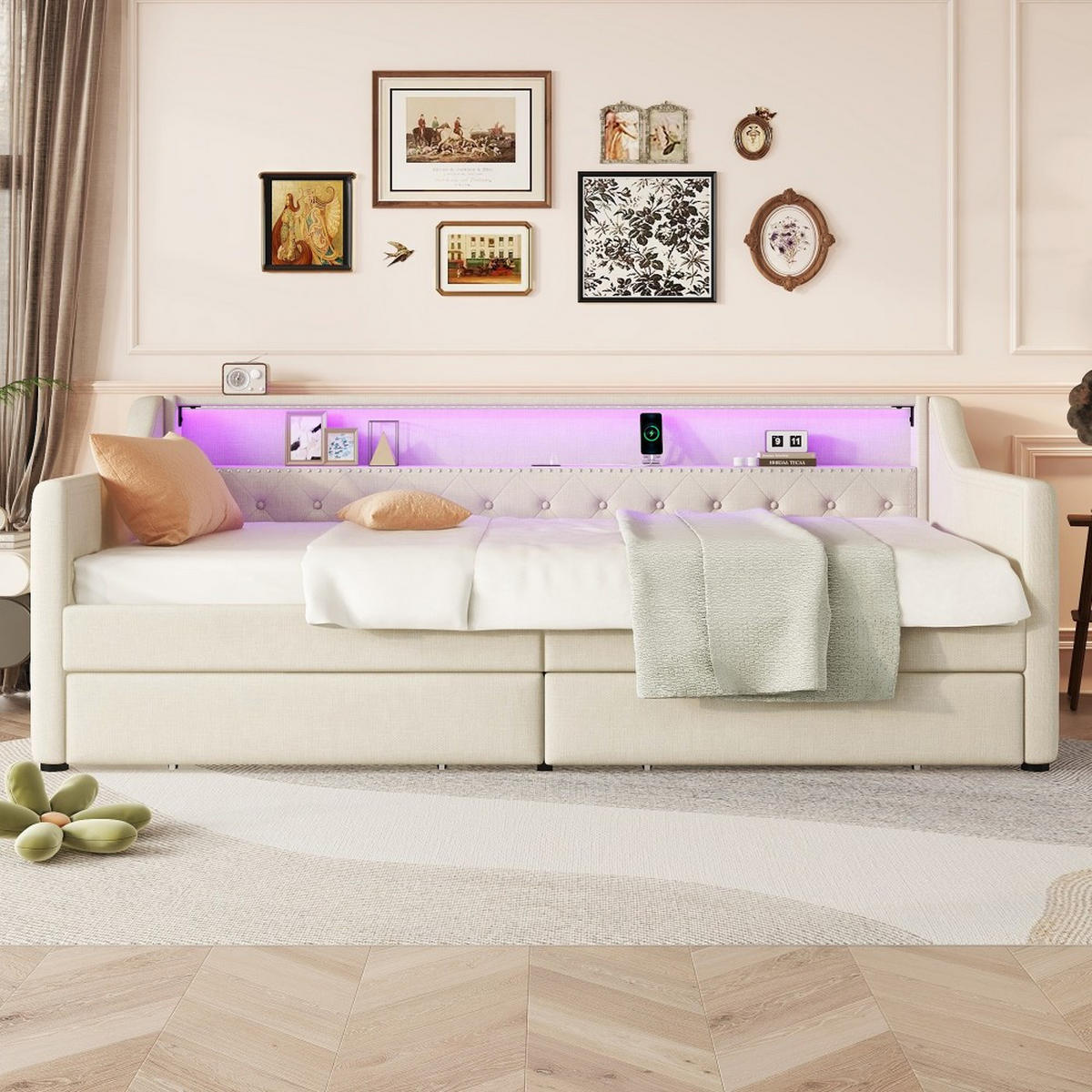 POLSTERBETT 90 x 200cm in Beige Linen mit zwei Schubladen - Beige, Holz/Textil (90/200cm) - KOMHTOM