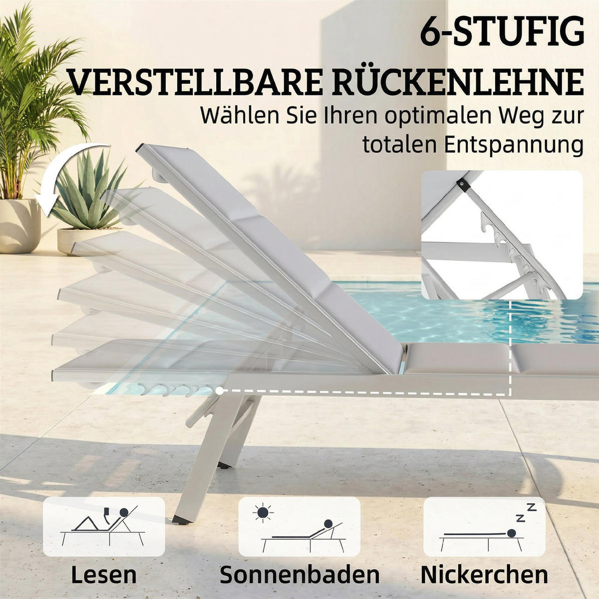 SONNENLIEGE Aluminium Hellgrau - Hellgrau/Weiß, Textil/Metall (64/90/181cm) - Outsunny