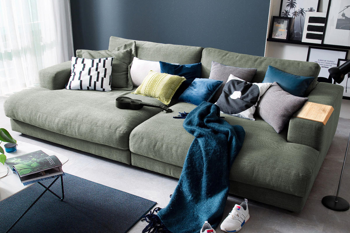 BIG SOFA MIT TABLETT NATUR MADELINE Grün Webstoff - Schwarz/Olivgrün, Kunststoff/Textil (290/85/170cm) - KAWOLA