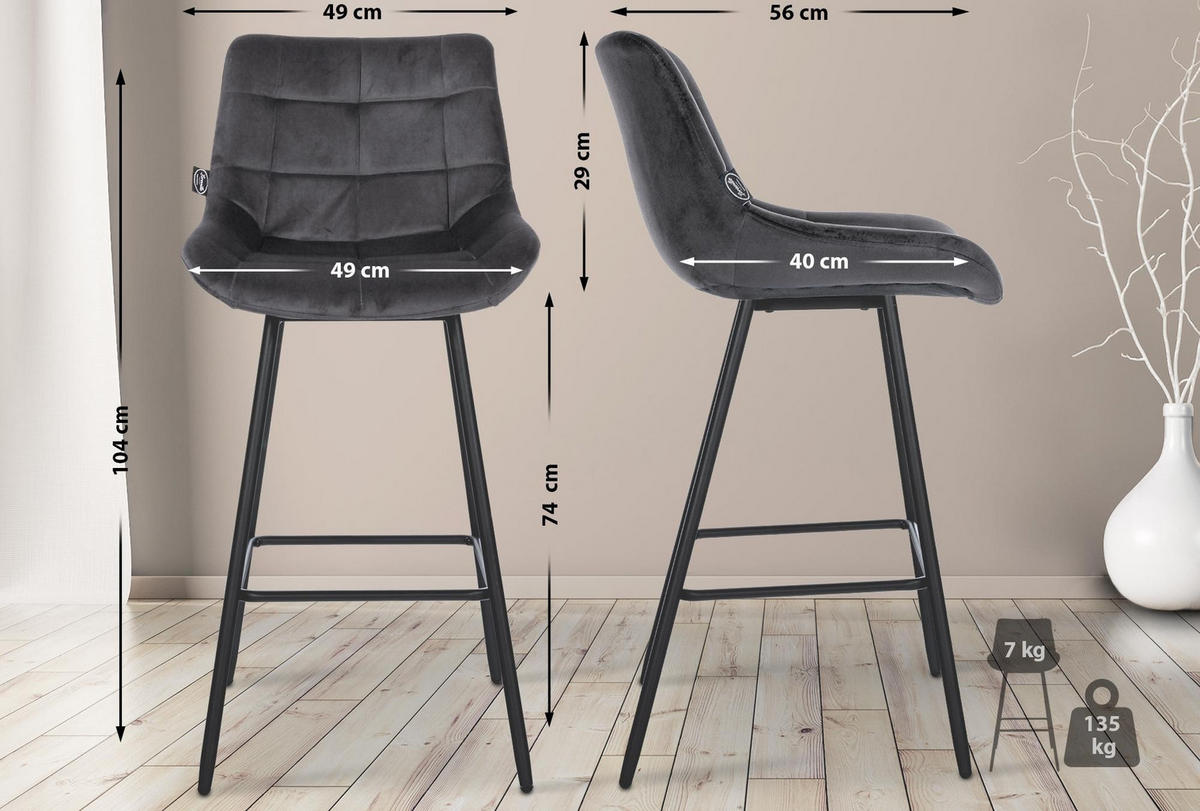 BARHOCKER Weston 104x49x56 cm dunkelgrau - Dunkelgrau, Metall (49/104/56cm) - furnicato