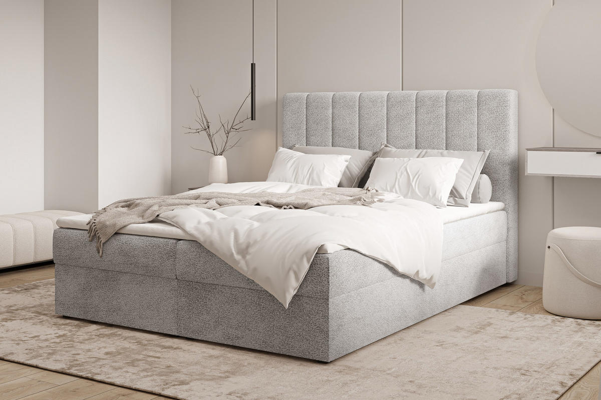 BOXBETT 01 140 x 200 cm - Arena – Stilvoll und bequem Mit Bettkasten, PU-Topper, Federmechanismus, waschbarer Bezug - Grau, Holz (140/200cm) - ROYAL24_MARKT