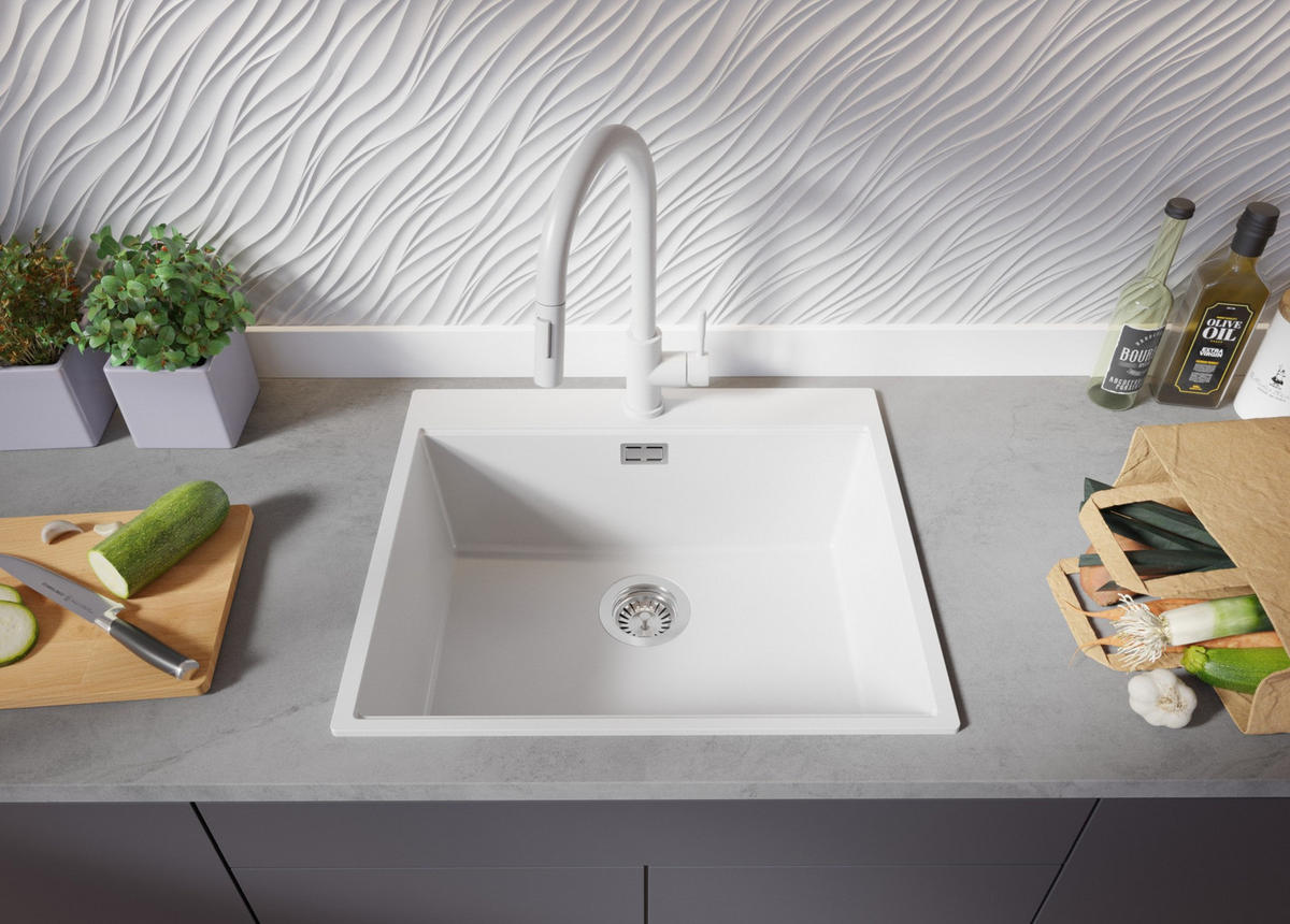 SPÜLBECKEN Oslo, 2-er set Alles Weiß 58/50 cm 1 Becken + Ablauf-Set + Schneidebrett ab 60er Unterschrank - Beige/Weiß, Kunststoff (58/20/50cm) - Primagran