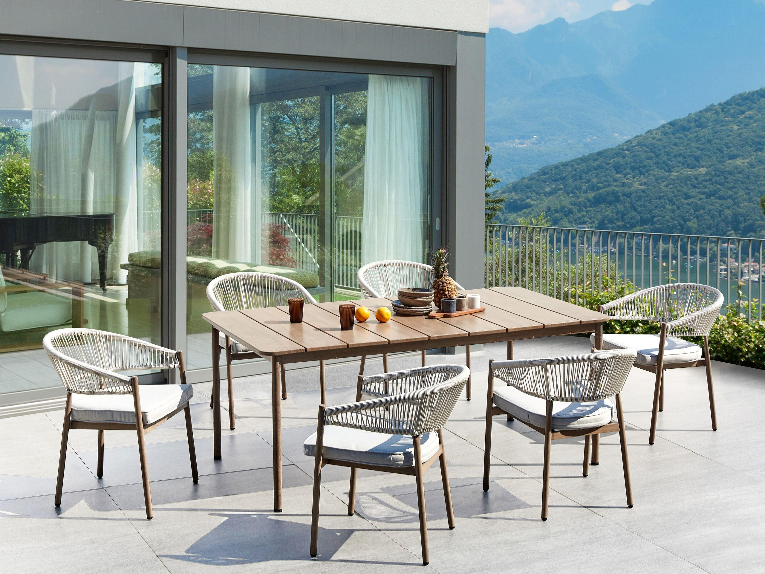 GARTENMÖBEL-SET 6-Sitzer Dunkler Holzfarbton Flavia - Dunkelbraun/Beige, Metall - Beliani